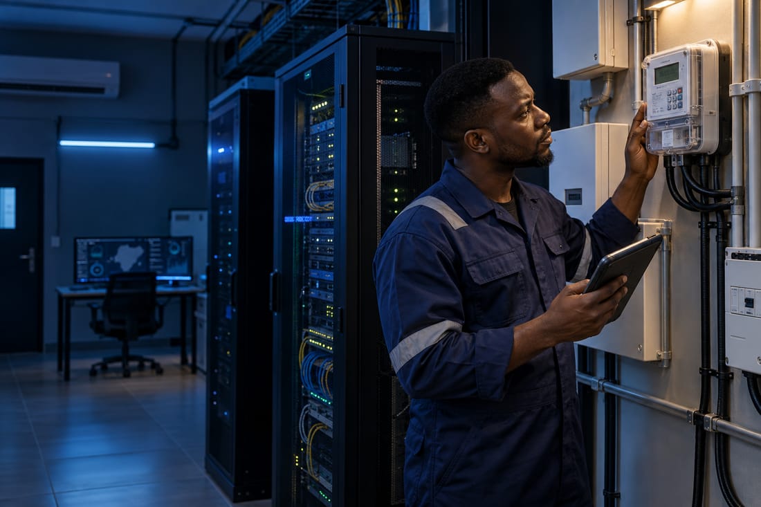 Engineer inspecting a smart electricity meter beside network infrastructure